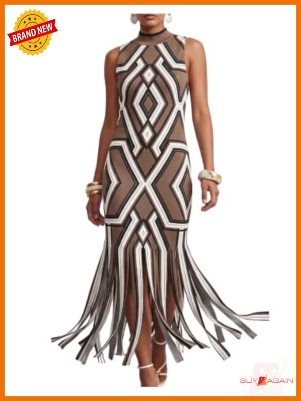Floerns Women's Fringe Bodycon Dress Geo Mock Neck Sleeveless Long Formal
